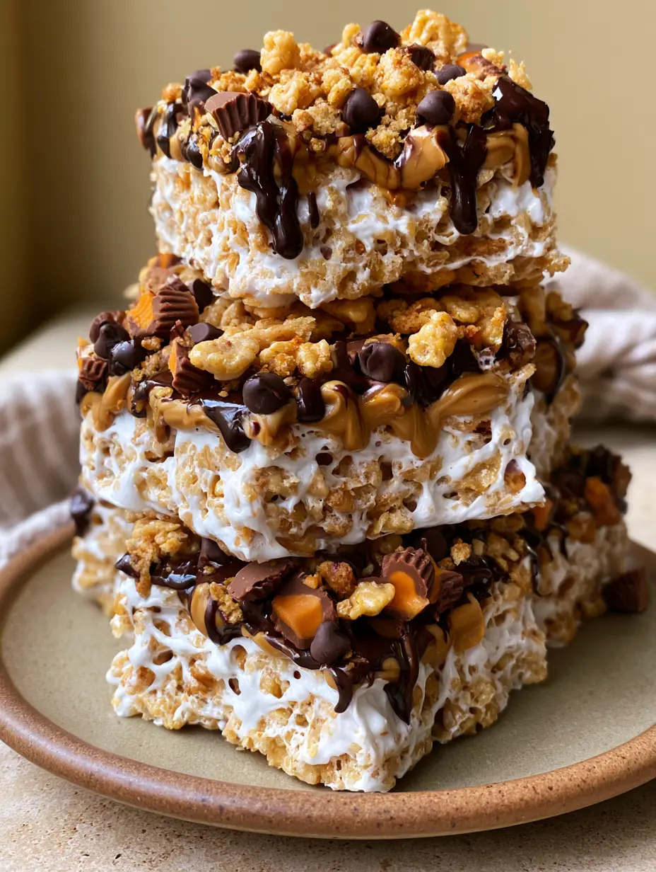 Close-up of Reese's Peanut Butter Captain Crunch Bars with golden cereal, peanut butter swirls, and dark chocolate drizzle.