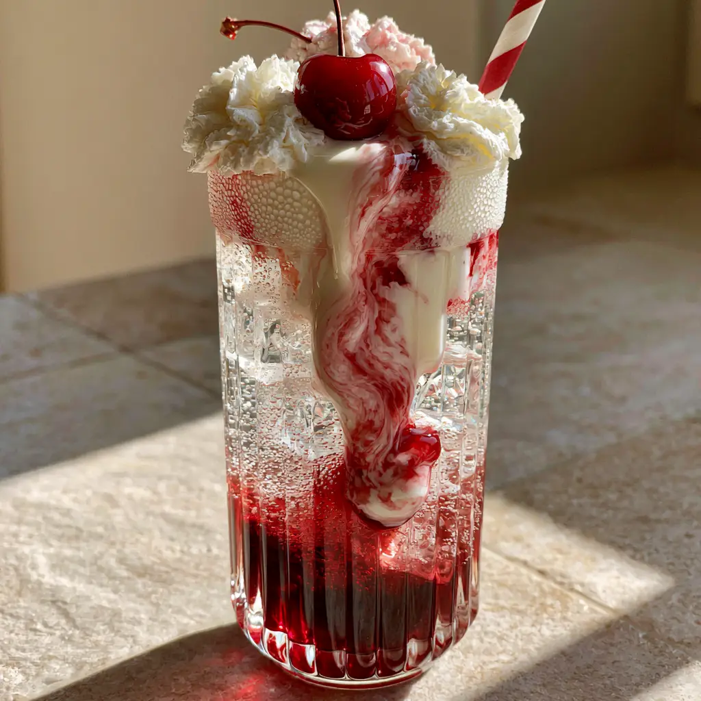 Close up of a Cherry Italian Cream Soda with condensation on the glass and a red-and-white striped straw.