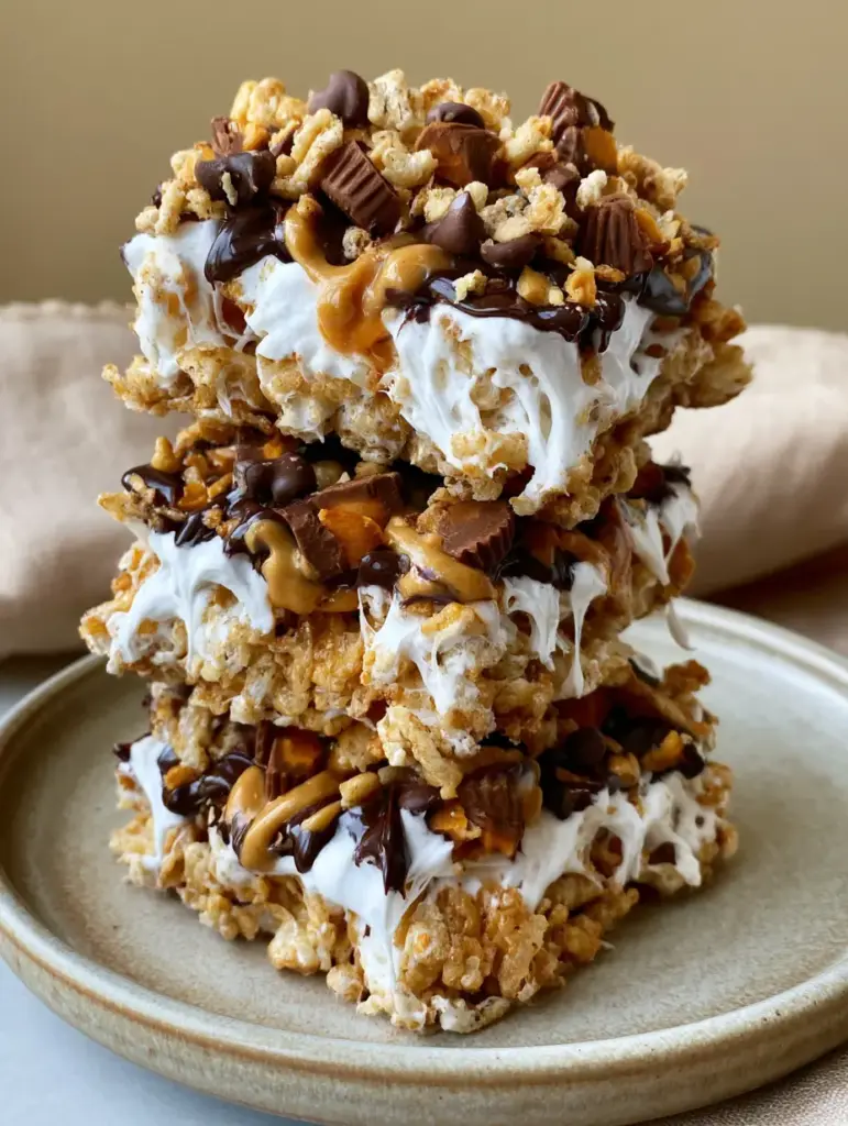 Overhead view of stacked Reese's Peanut Butter Captain Crunch Bars highlighting the chopped Reese's cups and mini chocolate chips.