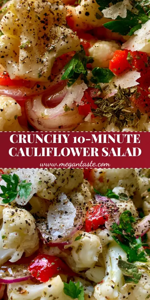 Marinated Cauliflower Salad: The Zesty, Ultra-Crunchy Cold Side Dish 3 A tall Pinterest pin showing a close-up of Marinated Cauliflower Salad with raw white florets, red peppers, and a glistening lemon-herb glaze in a rustic bowl.