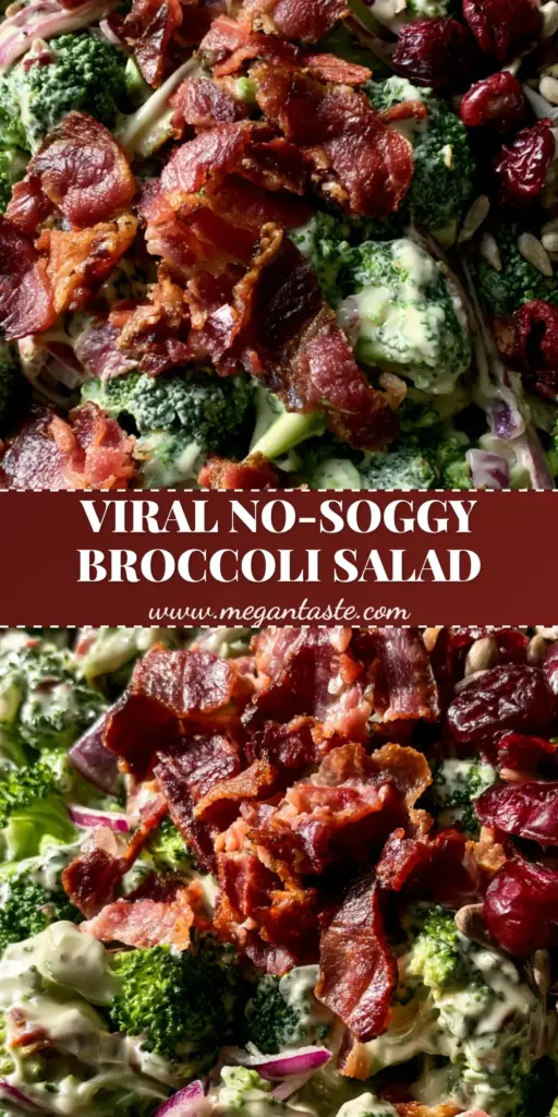 A close-up shot of Melissa Joes Broccoli Salad featuring emerald broccoli, ruby cranberries, and jagged bacon chunks in a white bowl.