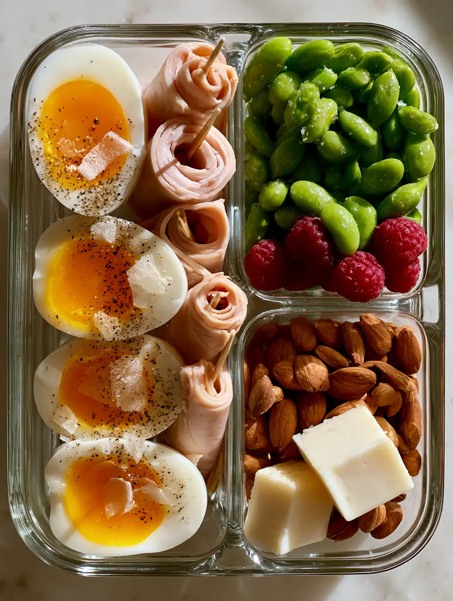 High-Protein Snacks: The Ultimate Jammy Egg and Turkey Meal Prep 3 Top-down view of a gourmet snack box featuring vibrant orange jammy yolks and green edamame. (High-Protein Snacks)