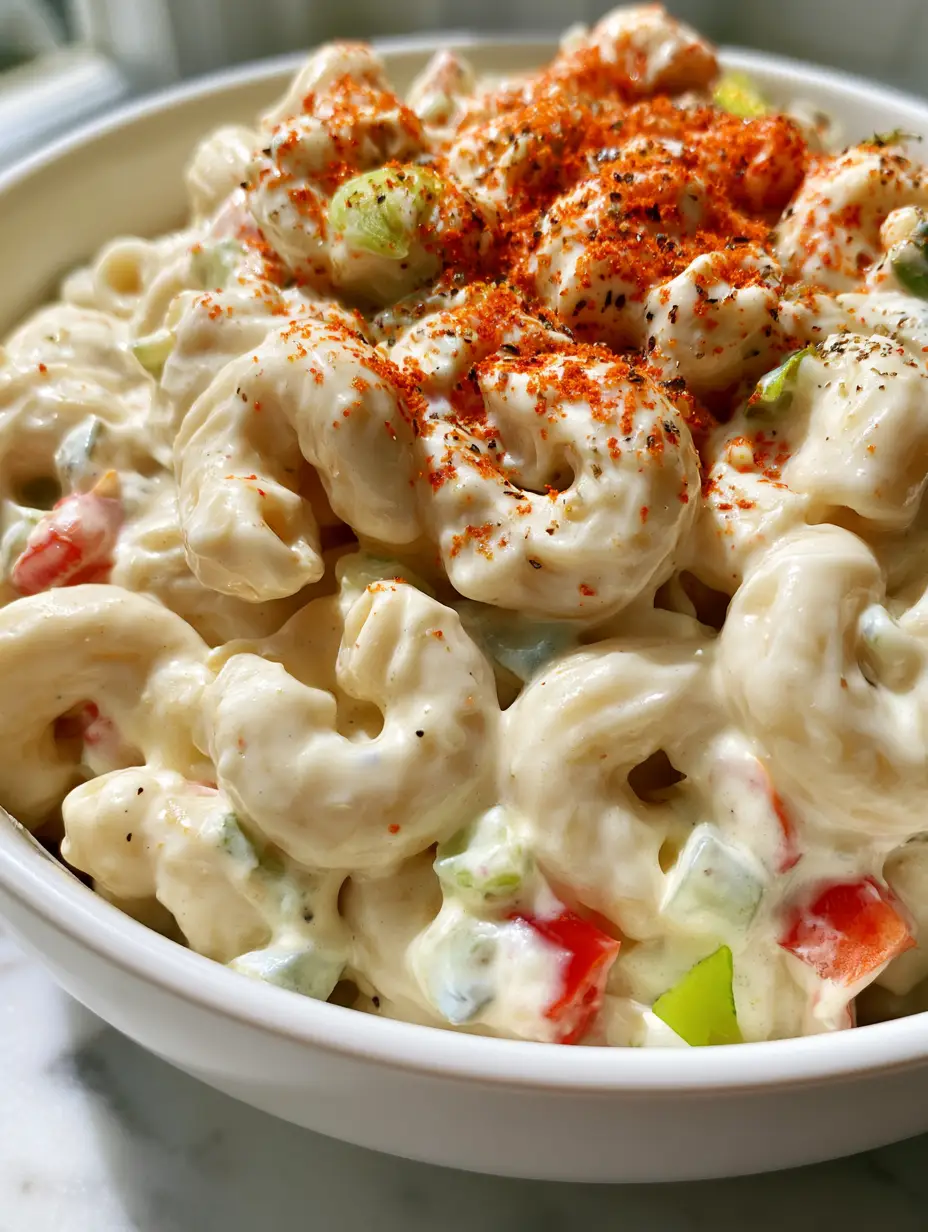 deli-style macaroni salad: The Ultra-Creamy Secret Recipe 4 Detailed view of extra creamy deli-style macaroni salad with neon-green scallions and smoked paprika dusting. (deli-style macaroni salad)