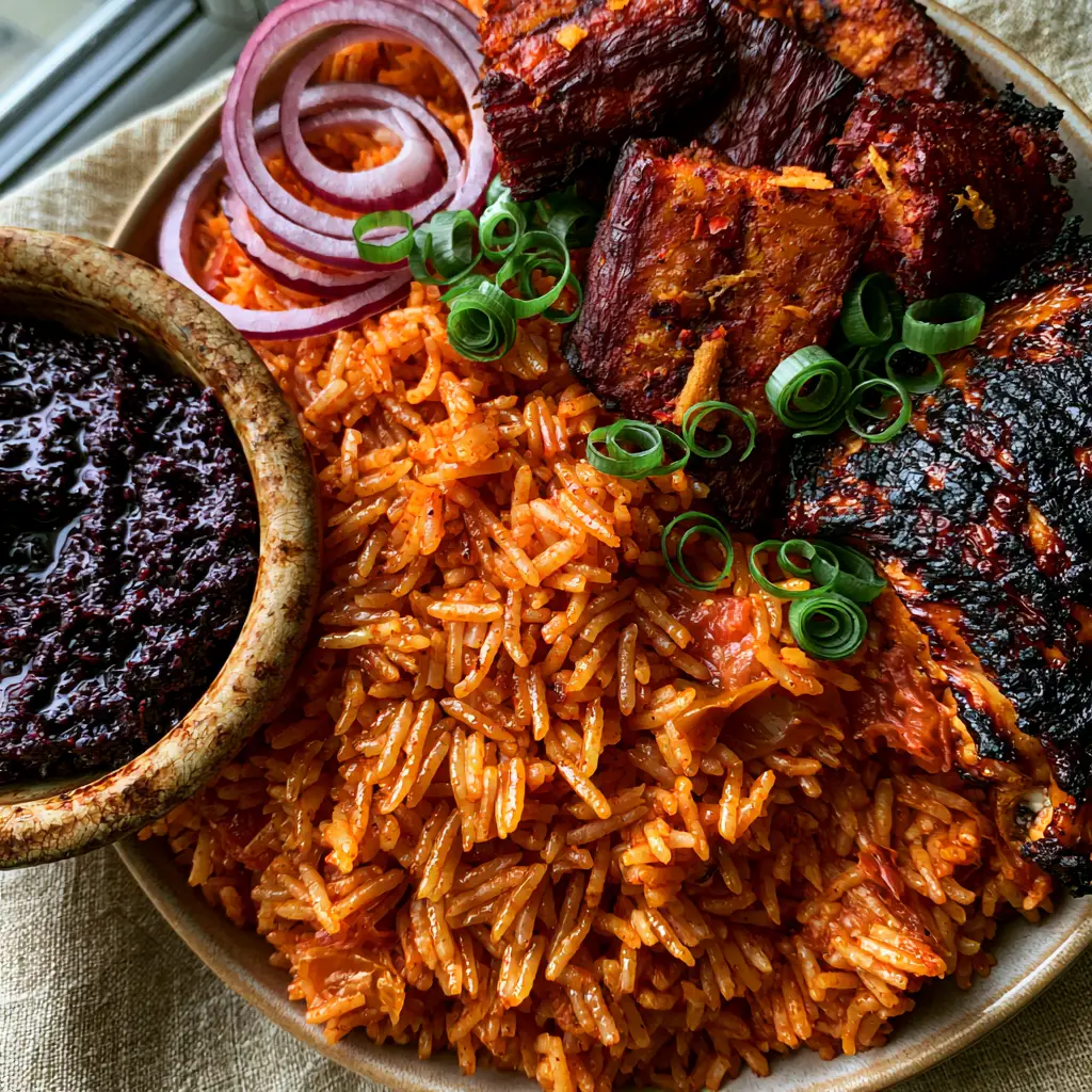 Ghana Recipes: The Ultimate Party Jollof Rice with Spicy Kelewele 2 Close-up of glistening long-grain jollof rice with charred chicken and dark mahogany plantains. (Ghana recipes)