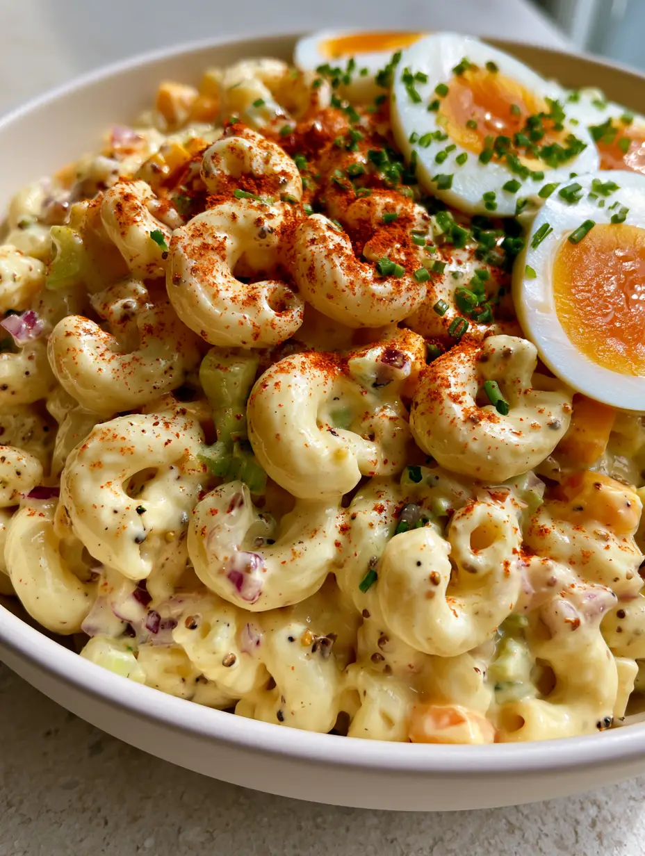 Close-up of creamy elbow macaroni salad with cheddar cubes and black pepper. (Gordon Ramsay macaroni salad)