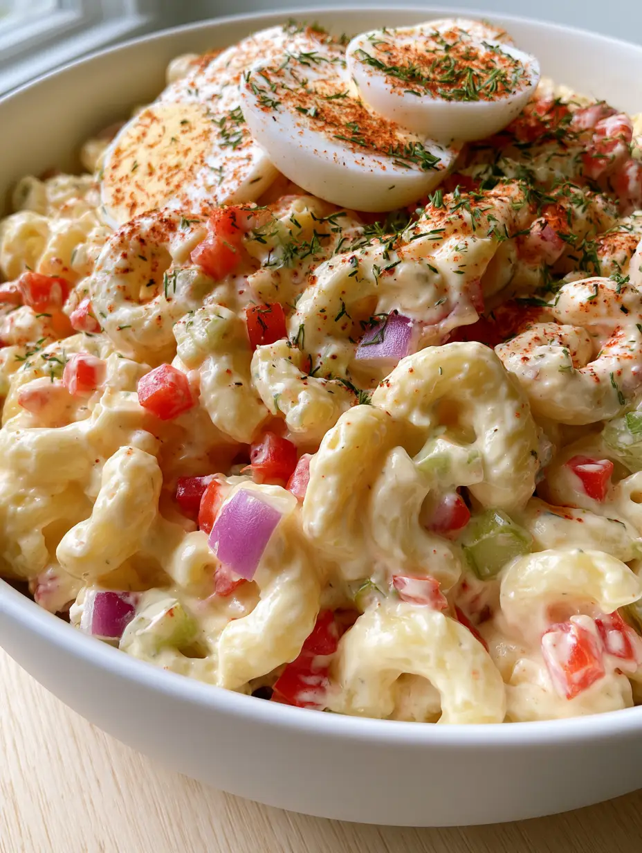 Classic American Macaroni Salad: The Ultimate Creamy Potluck Side 4 Close-up photo of creamy Classic American Macaroni Salad showing the thick velvety dressing and uniform vegetable dices.