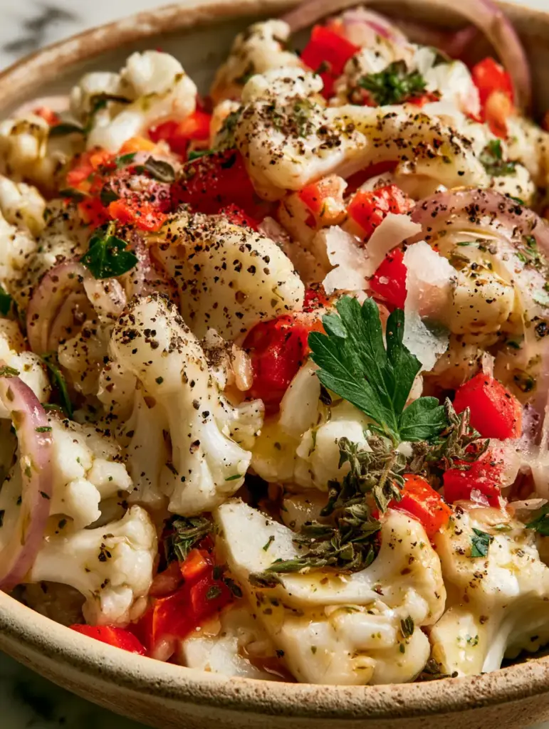 Marinated Cauliflower Salad: The Zesty, Ultra-Crunchy Cold Side Dish 2 Macro shot of Marinated Cauliflower Salad showing jagged white florets, ruby-red peppers, and herb-flecked vinaigrette glistening under natural light.