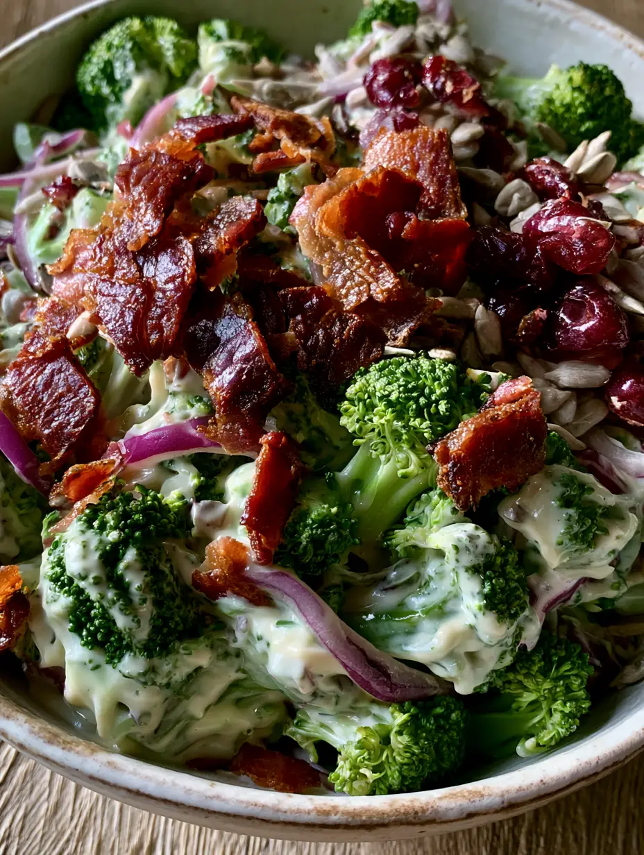 Top-down view of vibrant emerald broccoli salad with thick ivory dressing and deep-umber bacon. (Melissa Joes Broccoli Salad)