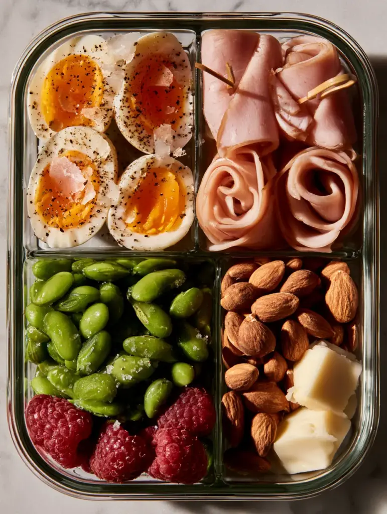 High-Protein Snacks: The Ultimate Jammy Egg and Turkey Meal Prep 1 Close up of sharp white cheddar cubes, raw almonds, and fresh red raspberries in a meal prep container.