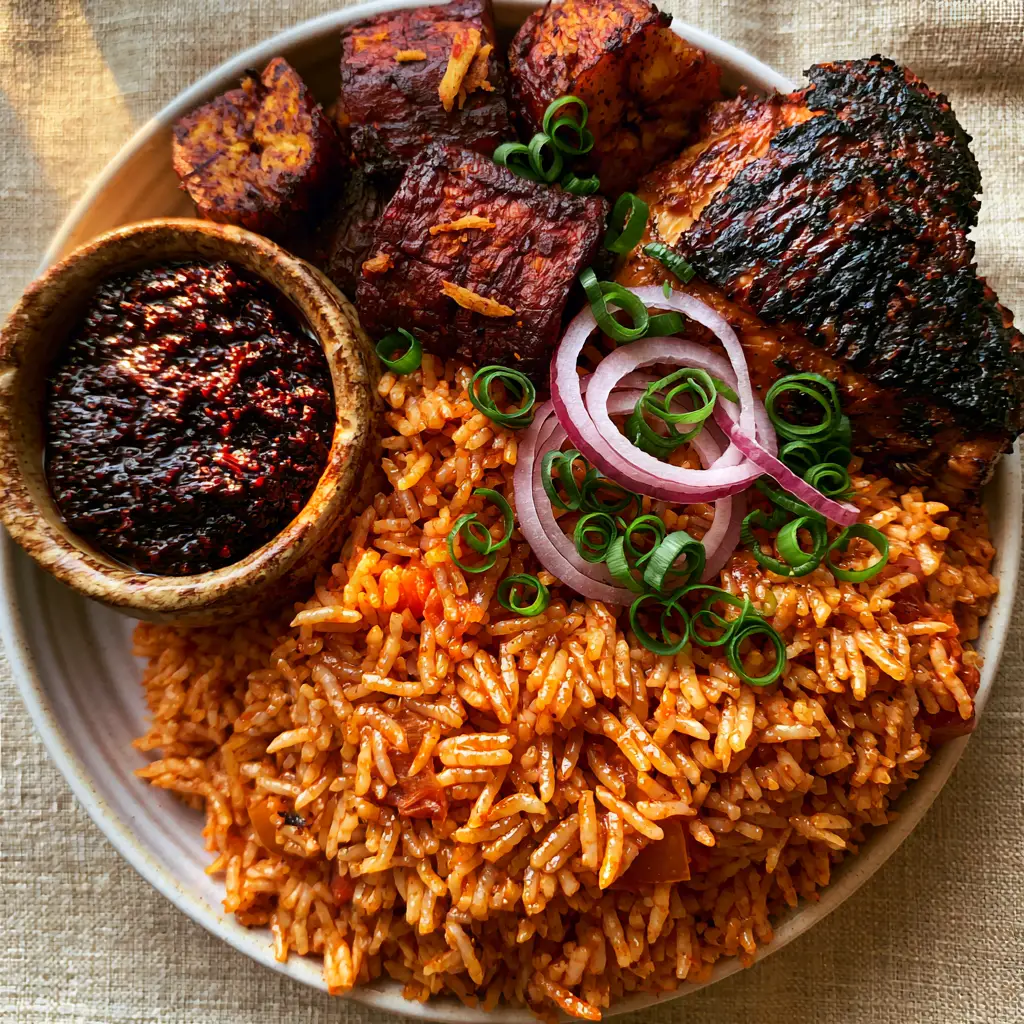 Ghana Recipes: The Ultimate Party Jollof Rice with Spicy Kelewele 1 Traditional Ghanaian plate with black shito sauce, red onions, and scallion curls.