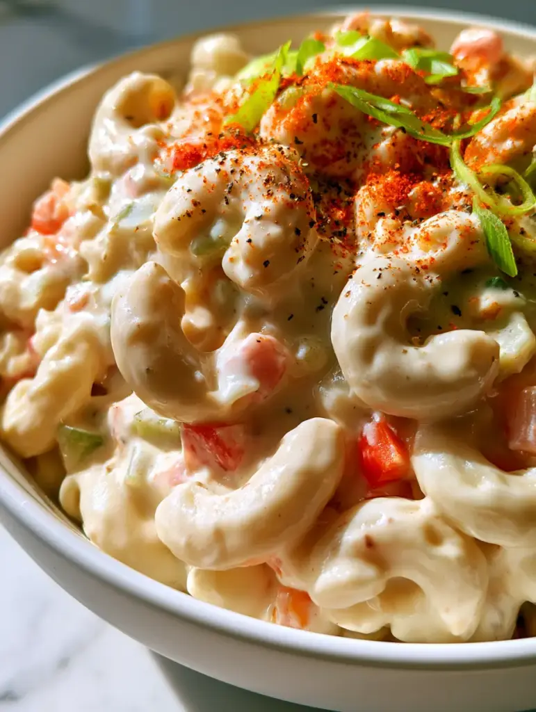 deli-style macaroni salad: The Ultra-Creamy Secret Recipe 1 Top-down view of tender elbow macaroni submerged in a thick dressing with crunchy vegetables.