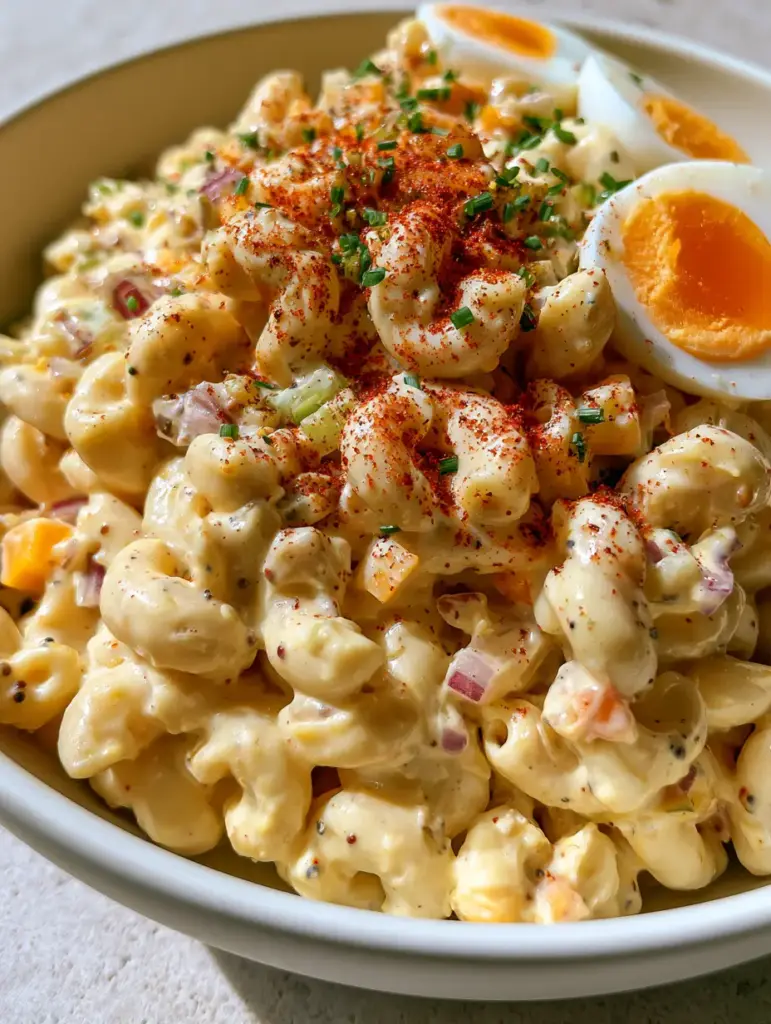 High-angle shot of gourmet macaroni salad garnished with bright orange egg yolks and fresh chives.