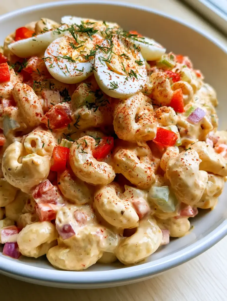 Classic American Macaroni Salad: The Ultimate Creamy Potluck Side 1 Overhead shot of Classic American Macaroni Salad garnished with sliced hard-boiled eggs and fresh dill on a light wood background.