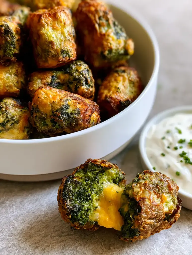Broccoli Tots Recipe: The Crispiest Air Fried Cheesy Bites 1 Close up of a broken open broccoli tot revealing a steaming vibrant green interior and melted yellow cheese with ranch dip and chives.