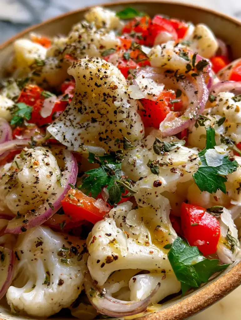 Marinated Cauliflower Salad: The Zesty, Ultra-Crunchy Cold Side Dish 1 Overhead close-up of Marinated Cauliflower Salad in a ceramic bowl with sliced kalamata olives and fresh parsley garnishes.