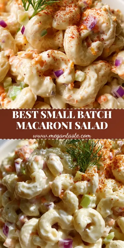 Small Macaroni Salad: The Creamiest Small-Batch Side Dish 4 A top-down view of a small macaroni salad in a white bowl garnished with fresh dill and paprika.