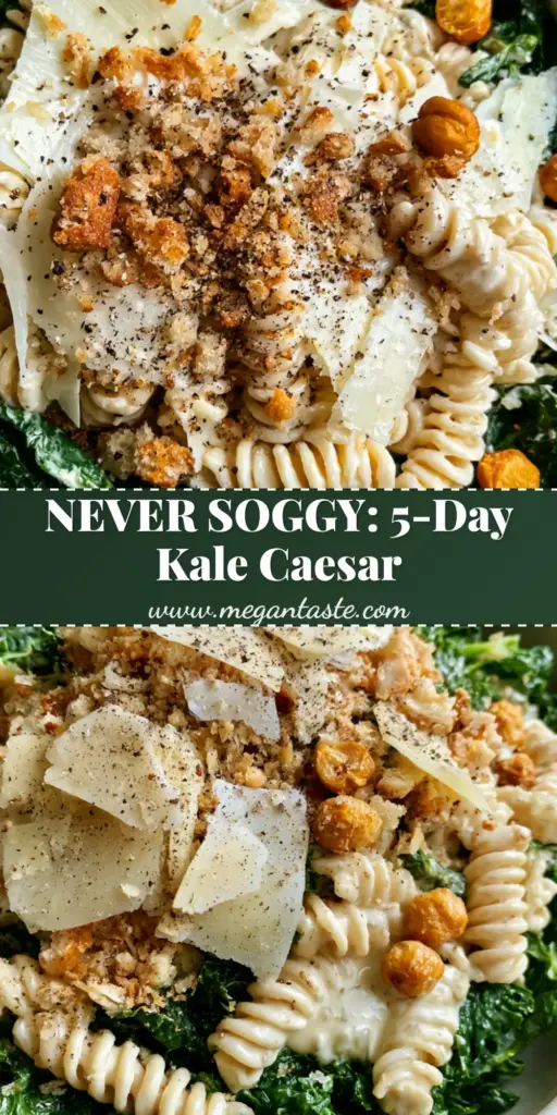 A vertical shot of vibrant Kale Caesar Pasta Salad in a white bowl featuring rotini, massaged kale, and roasted chickpeas.