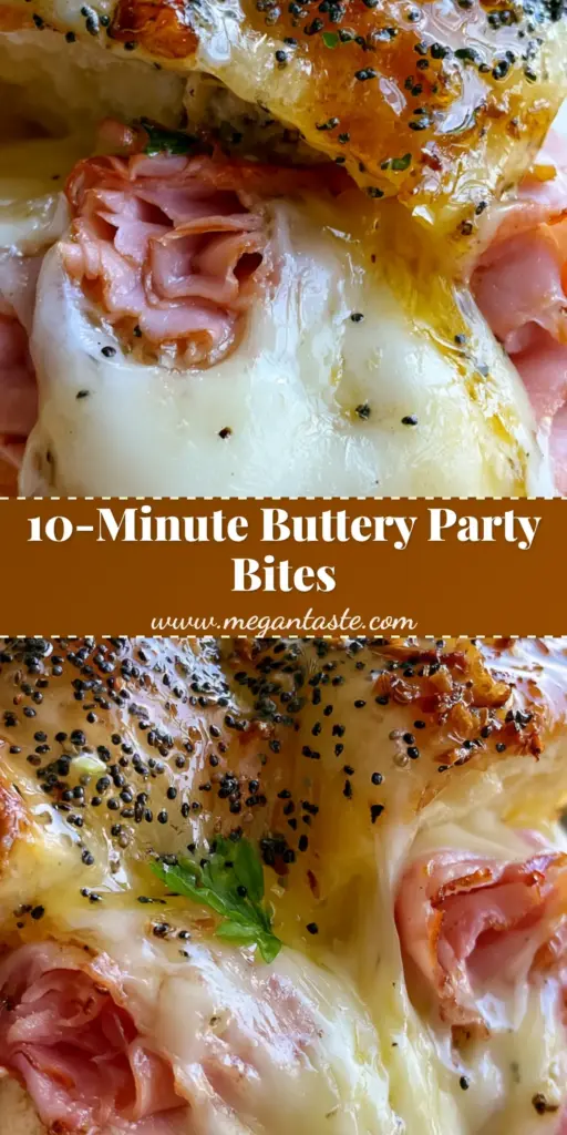 Iowa Party Bites: The Ultimate Cheesy Ham and Cheese Sliders 4 A tall stack of Iowa Party Bites with glossy poppy seed glaze and melted Swiss cheese drooping over the sides.