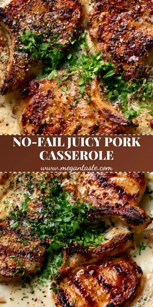 A rustic cast iron skillet filled with a cheesy pork chop and potato casserole featuring seared bone-in chops and bubbly garlic cream sauce.