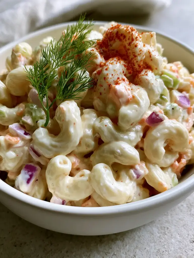 Small Macaroni Salad: The Creamiest Small-Batch Side Dish 2 Macro close-up of small macaroni salad showing the creamy ivory dressing and purple onion cubes.