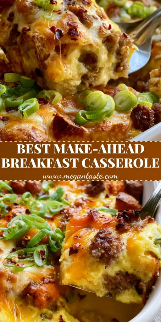 A gourmet breakfast casserole with golden sourdough, melted cheddar, and scallions in a white dish. (breakfast casserole recipes)