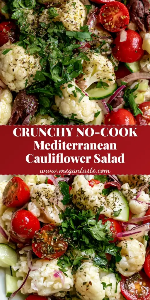 Mediterranean Marinated Cauliflower Salad: The Ultimate Crunchy Raw Vegan Side 3 Top-down view of Mediterranean Marinated Cauliflower Salad with red tomatoes, green cucumbers, and purple olives in a white bowl.