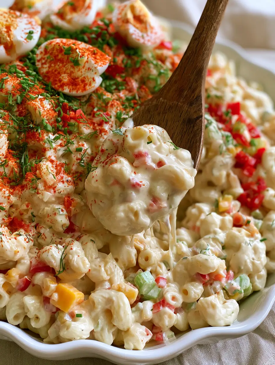 Chilled Macaroni Salad with Creamy Dressing and Sharp Cheddar 4 Close up of glossy ivory dressing on chilled macaroni salad with red bell peppers and chives.