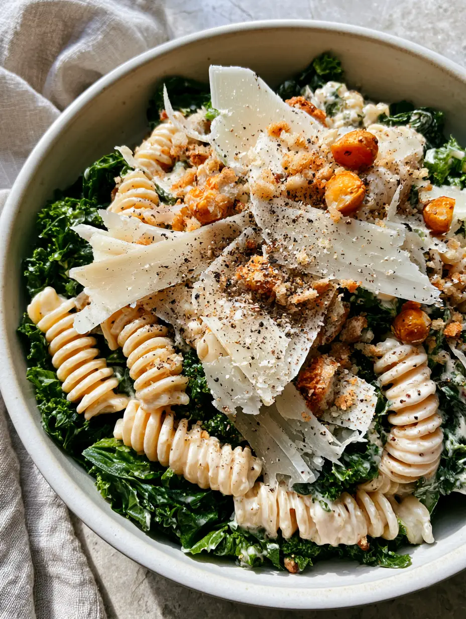 Close up view of Kale Caesar Pasta Salad showing the thick ivory dressing and shaved parmesan shards.