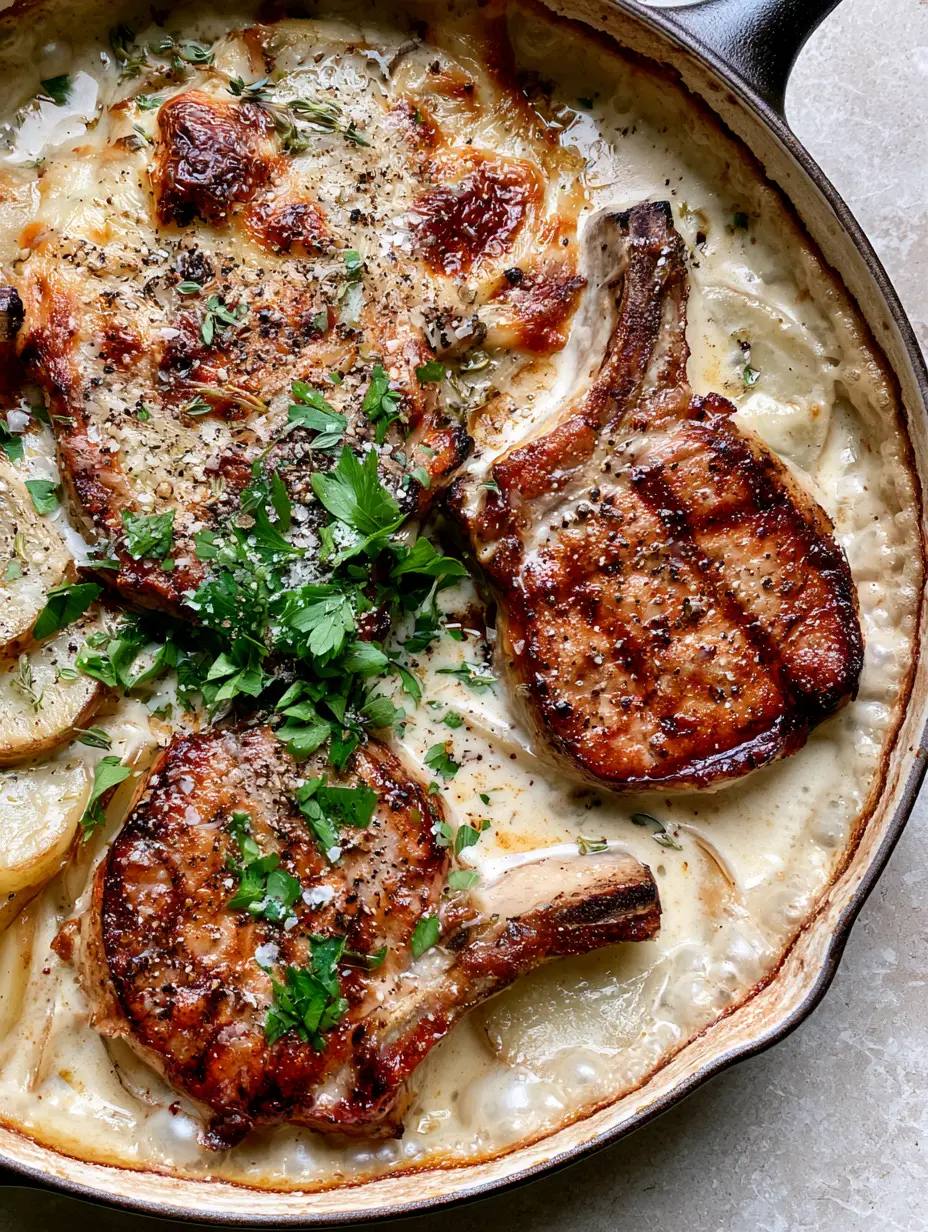 Top-down view of a creamy pork chop and potato casserole in a cast iron pan with toasted Gruyere cheese.