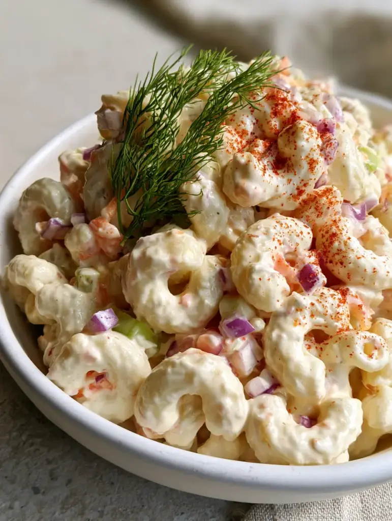 Small Macaroni Salad: The Creamiest Small-Batch Side Dish 1 A close-up of a small macaroni salad garnished with a sprig of dill and red paprika on a stone surface.