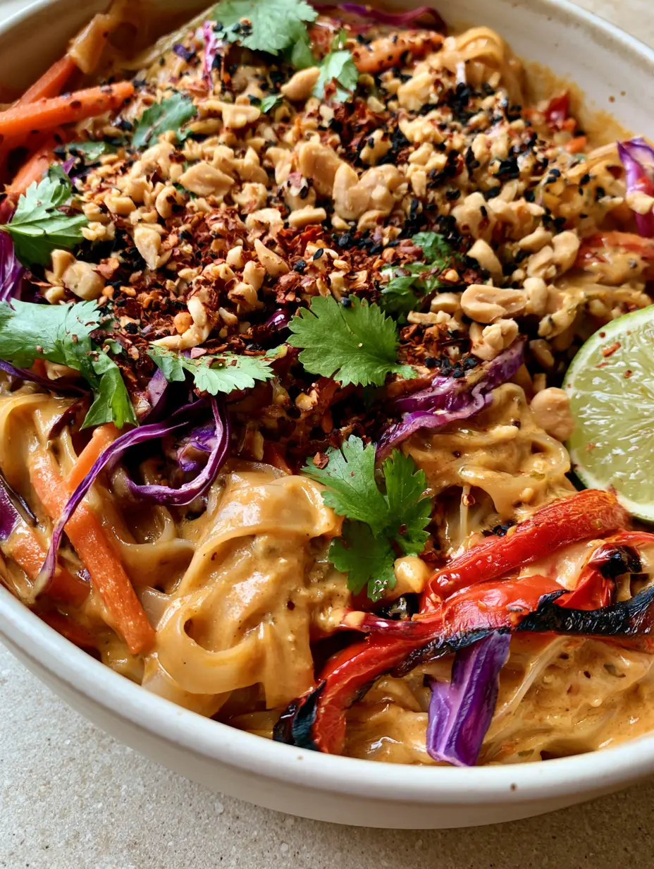 Close-up of wide rice noodles coated in golden-tan peanut sauce with julienned carrots and charred peppers. (thai noodle casserole)
