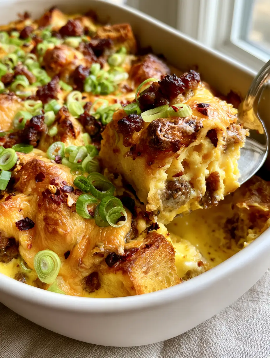 Close-up of a square slice of breakfast casserole being lifted from a ceramic pan. (breakfast casserole recipes)