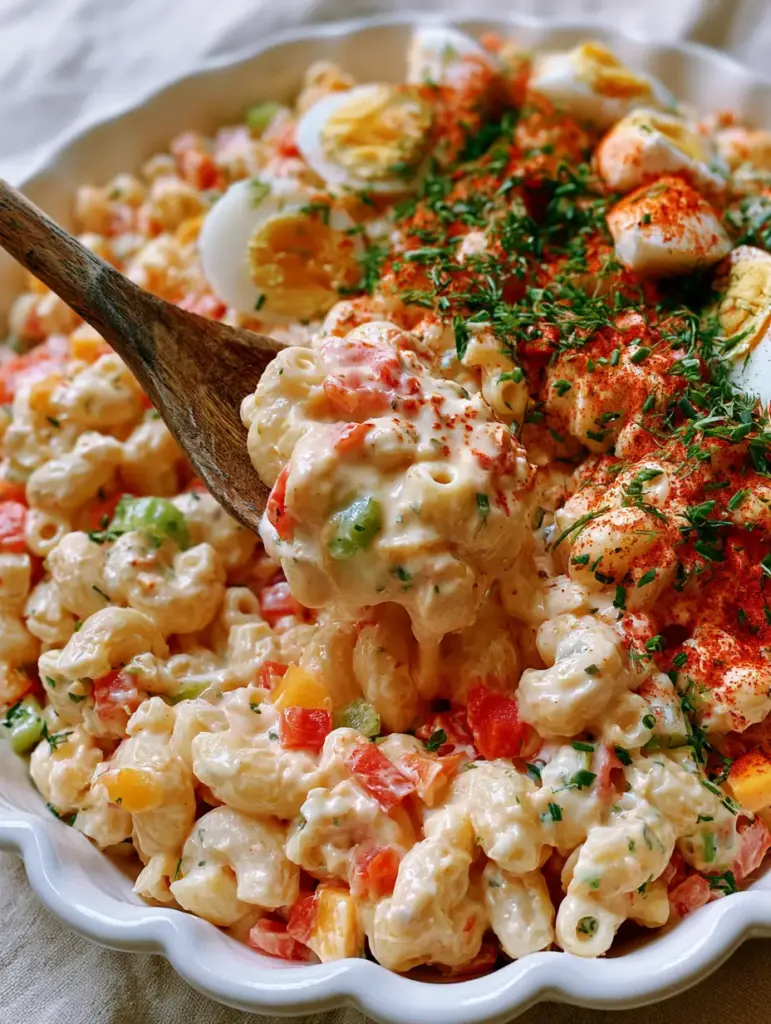 Chilled Macaroni Salad with Creamy Dressing and Sharp Cheddar 1 A wooden spoon lifting a scoop of chilled macaroni salad showing the creamy consistency and cheddar cubes.