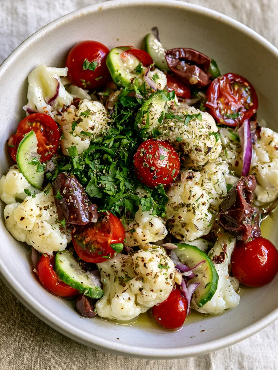 Mediterranean Marinated Cauliflower Salad: The Ultimate Crunchy Raw Vegan Side 4 Macro shot of raw cauliflower florets glistening with lemon-herb vinaigrette in a Mediterranean Marinated Cauliflower Salad.