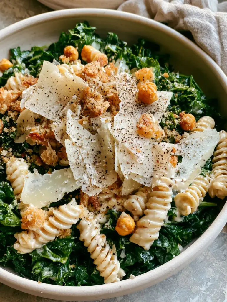 Kale Caesar Pasta Salad presented in a matte white ceramic bowl on a stone surface.