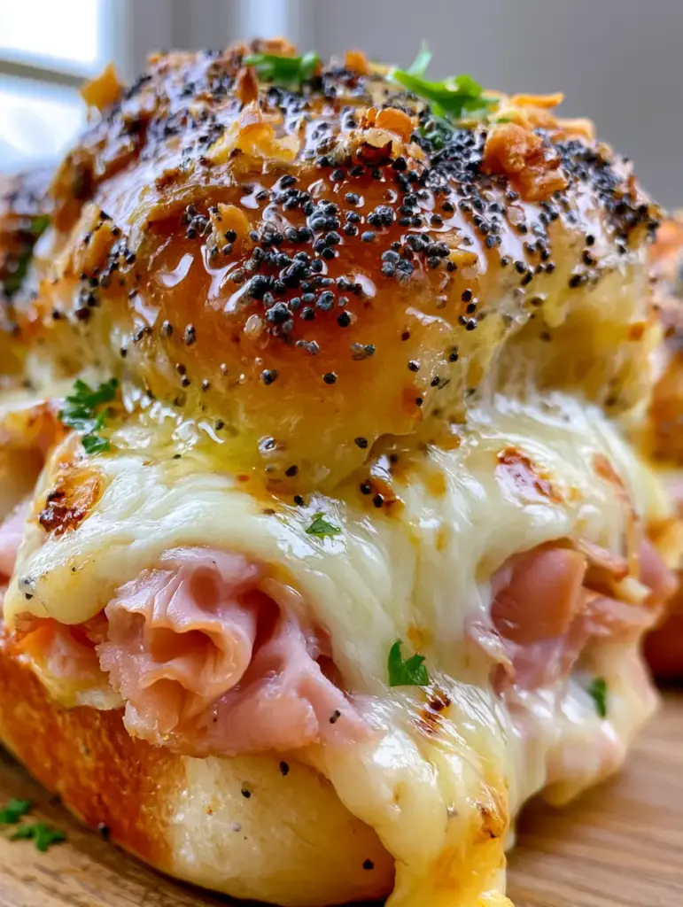 Iowa Party Bites: The Ultimate Cheesy Ham and Cheese Sliders 1 Top view of Iowa Party Bites showing the golden-brown Hawaiian rolls drenched in glossy butter glaze with poppy seeds and onions.
