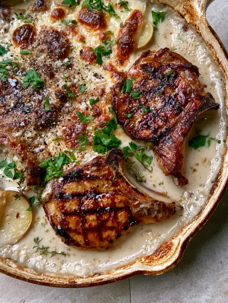 Close up shot of bubbly garlic cream sauce and tender potatoes in a pork chop casserole.