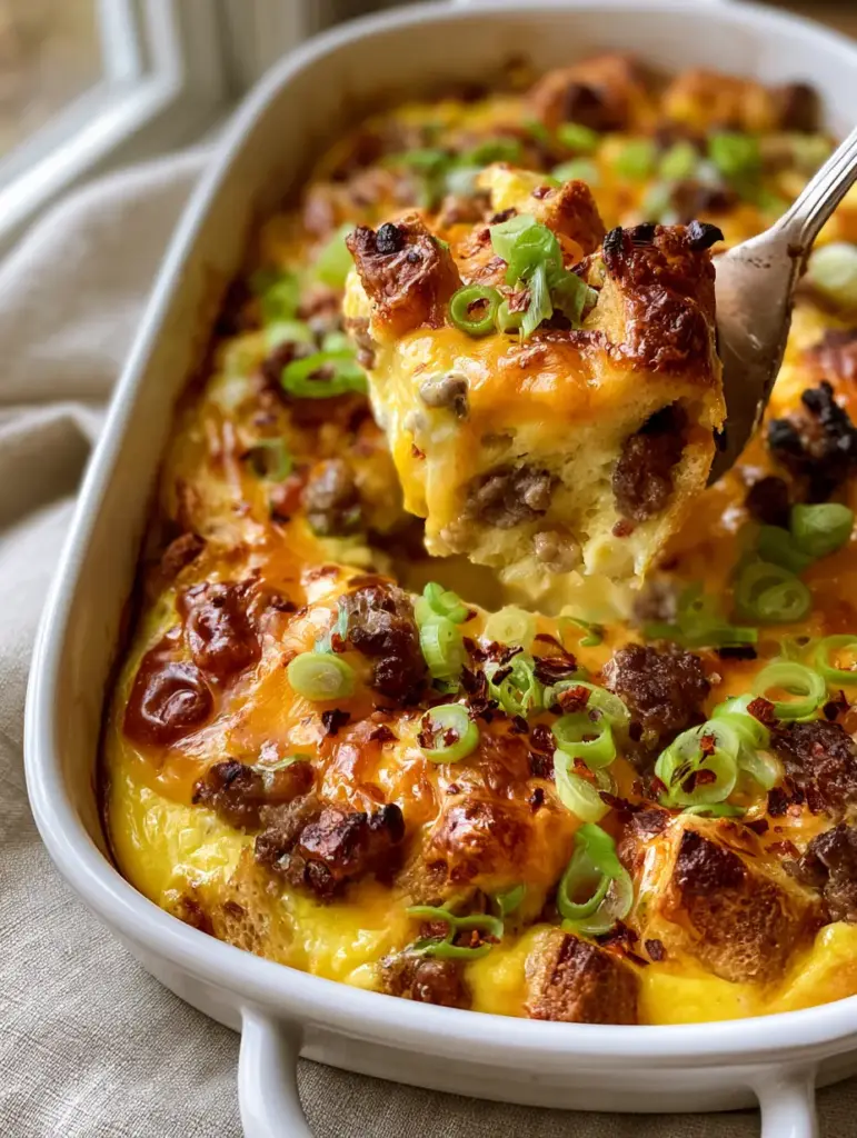 Top-down view of a breakfast casserole featuring bubbly cheese, scallions, and red pepper flakes.