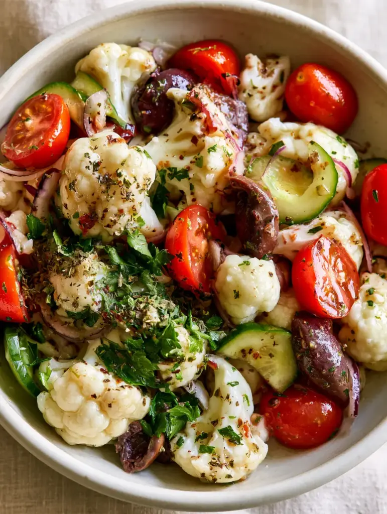 Mediterranean Marinated Cauliflower Salad: The Ultimate Crunchy Raw Vegan Side 1 Paper-thin red onion slivers and fresh parsley scattered over a Mediterranean Marinated Cauliflower Salad.