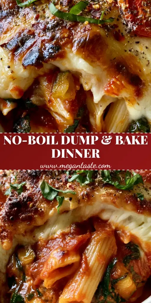 A close-up of a cheesy vegetarian dump and bake casserole with blistered cherry tomatoes and basil ribbons.