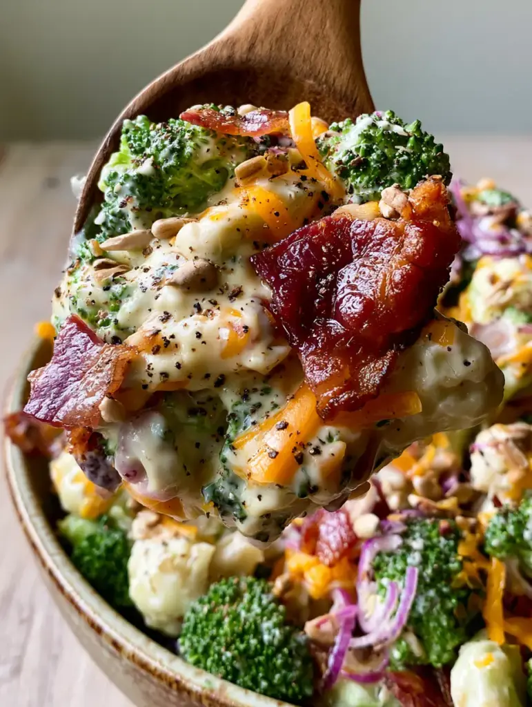 Broccoli Cauliflower Salad with Crispy Bacon and Creamy Dressing 2 Top down view of Broccoli Cauliflower Salad in a ceramic bowl with emerald broccoli and white cauliflower. (Broccoli Cauliflower Salad)