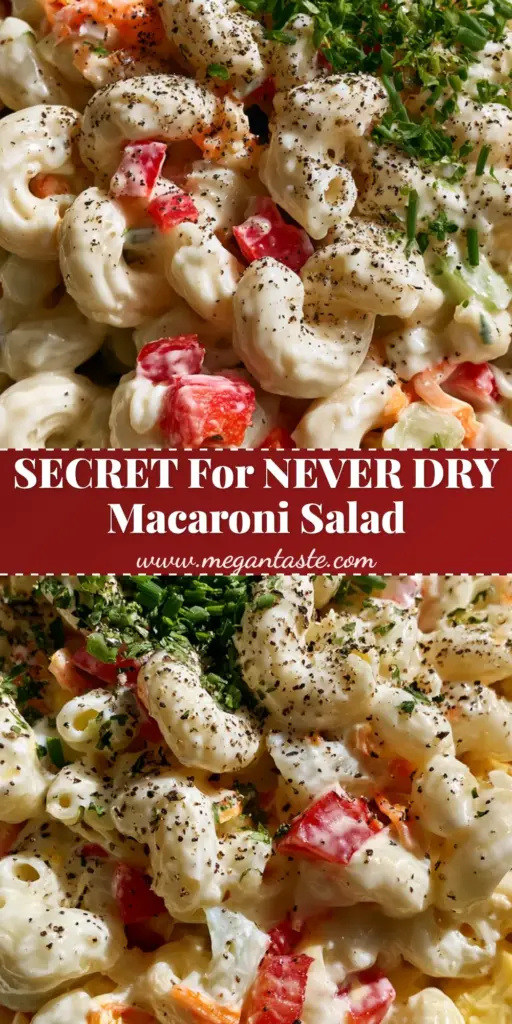 Deli Macaroni Salad: The Creamiest Ultra-Glossy Recipe 3 A large bowl of deli macaroni salad with glossy cream sauce, red peppers, and cracked black pepper.