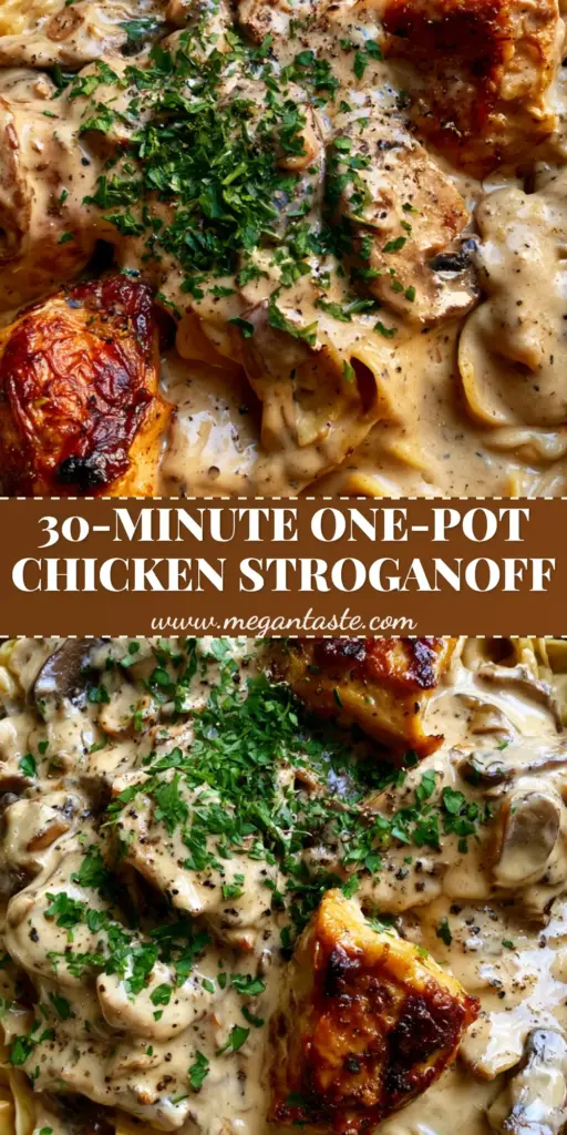 Chicken Stroganoff: The Ultimate Creamy 30-Minute Comfort Meal 3 An overhead shot of a rustic grey ceramic bowl filled with Chicken Stroganoff over wide wavy egg noodles, garnished with parsley and black pepper.
