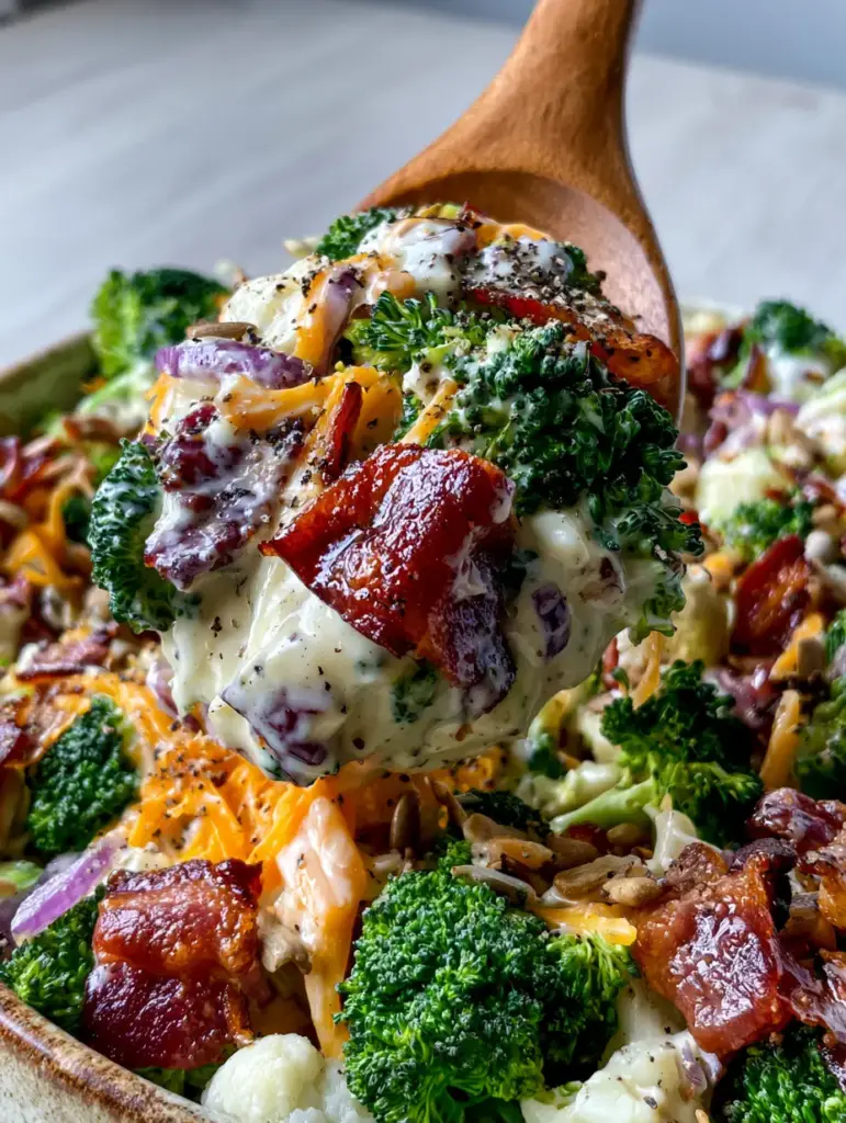 Broccoli Cauliflower Salad with Crispy Bacon and Creamy Dressing 1 Close up of thick-cut crispy smoked bacon and shredded cheddar in Broccoli Cauliflower Salad.