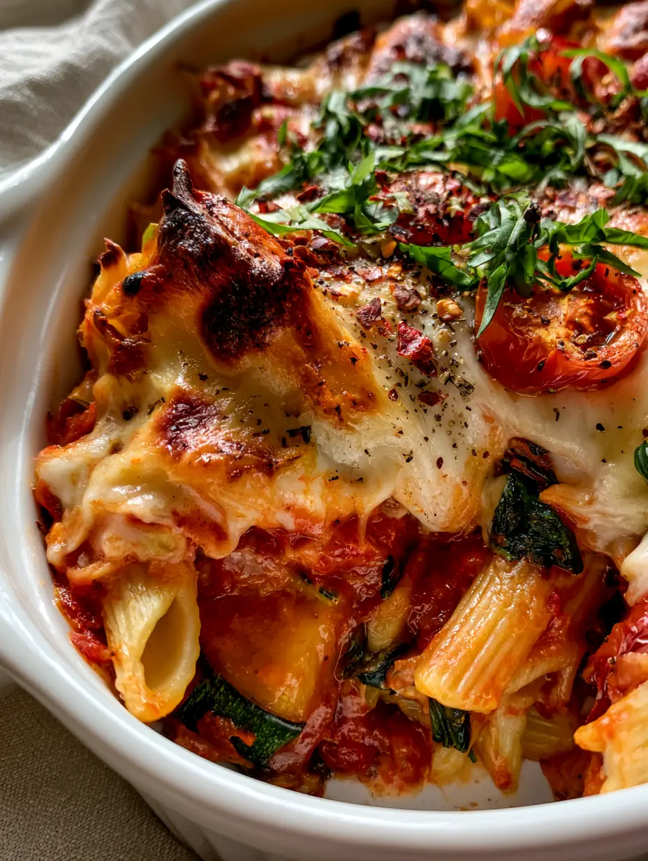 Macro shot of a scooped portion of vegetarian dump and bake casserole revealing penne pasta, zucchini, and melted cheese.