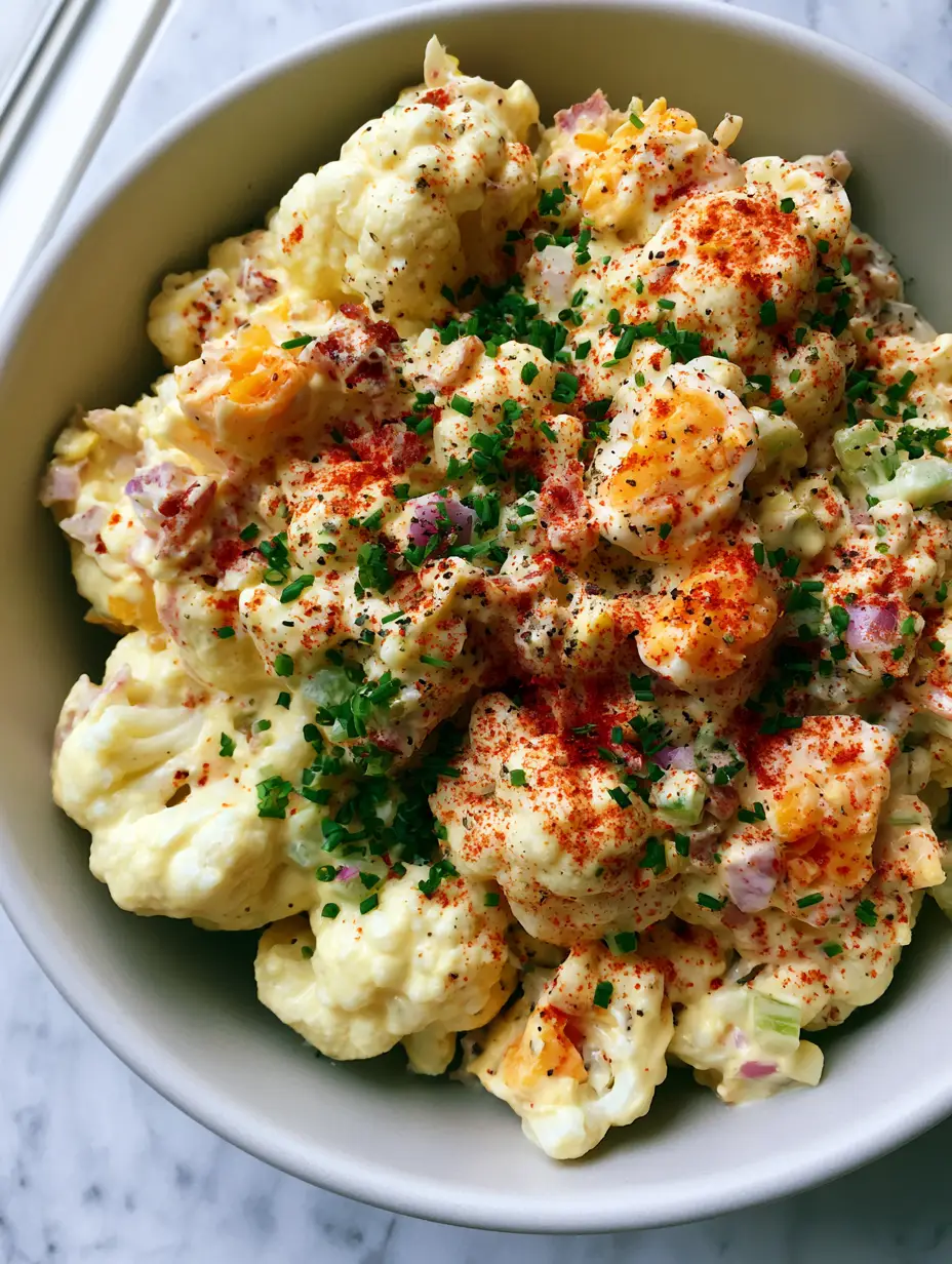 Close-up of creamy cauliflower salad with thick mustard dressing and vibrant orange egg yolks. (Deviled Egg Cauliflower Salad)