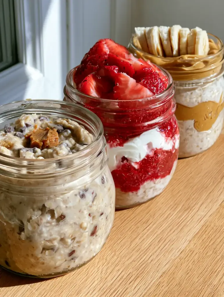 Overnight Oat Recipes: 3 High-Protein Flavors for the Ultimate Morning 2 A close-up of high protein Overnight Oat Recipes in glass jars featuring thick oats and fresh fruit toppings.