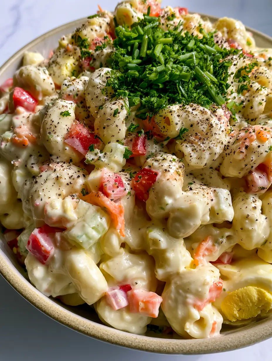 Deli Macaroni Salad: The Creamiest Ultra-Glossy Recipe 4 Extreme close-up of deli macaroni salad showing plump noodles and thick ivory dressing.