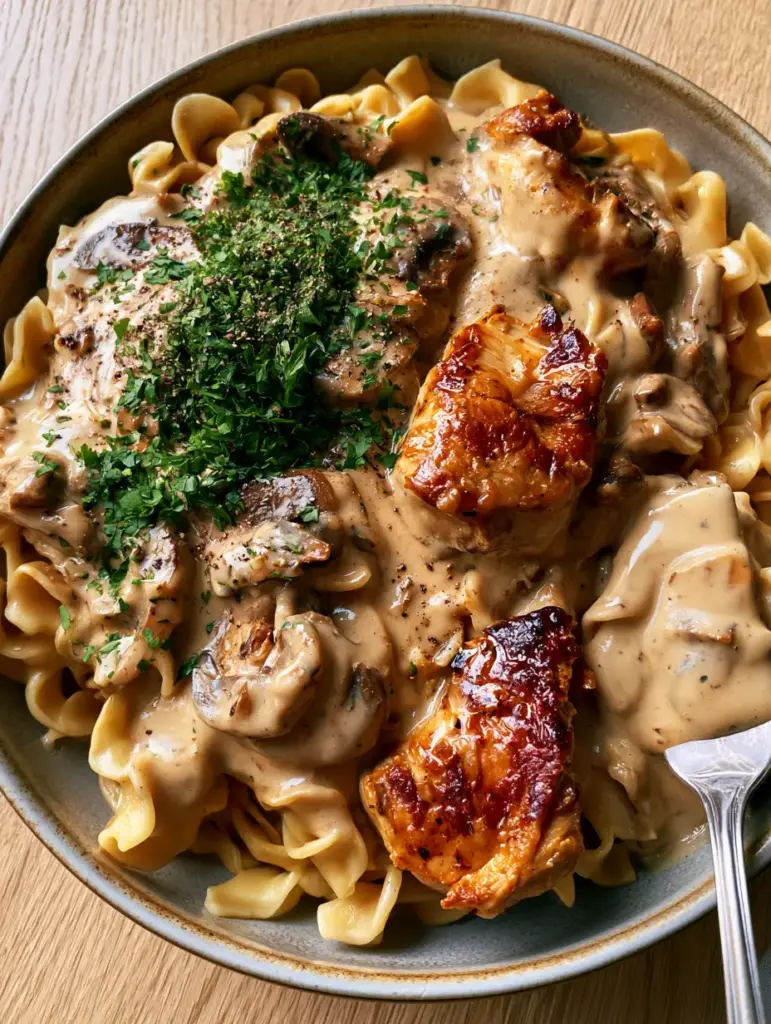 Chicken Stroganoff: The Ultimate Creamy 30-Minute Comfort Meal 2 Close up of Chicken Stroganoff showing seared golden-brown chicken chunks and earthy cremini mushrooms in a glossy beige sauce.