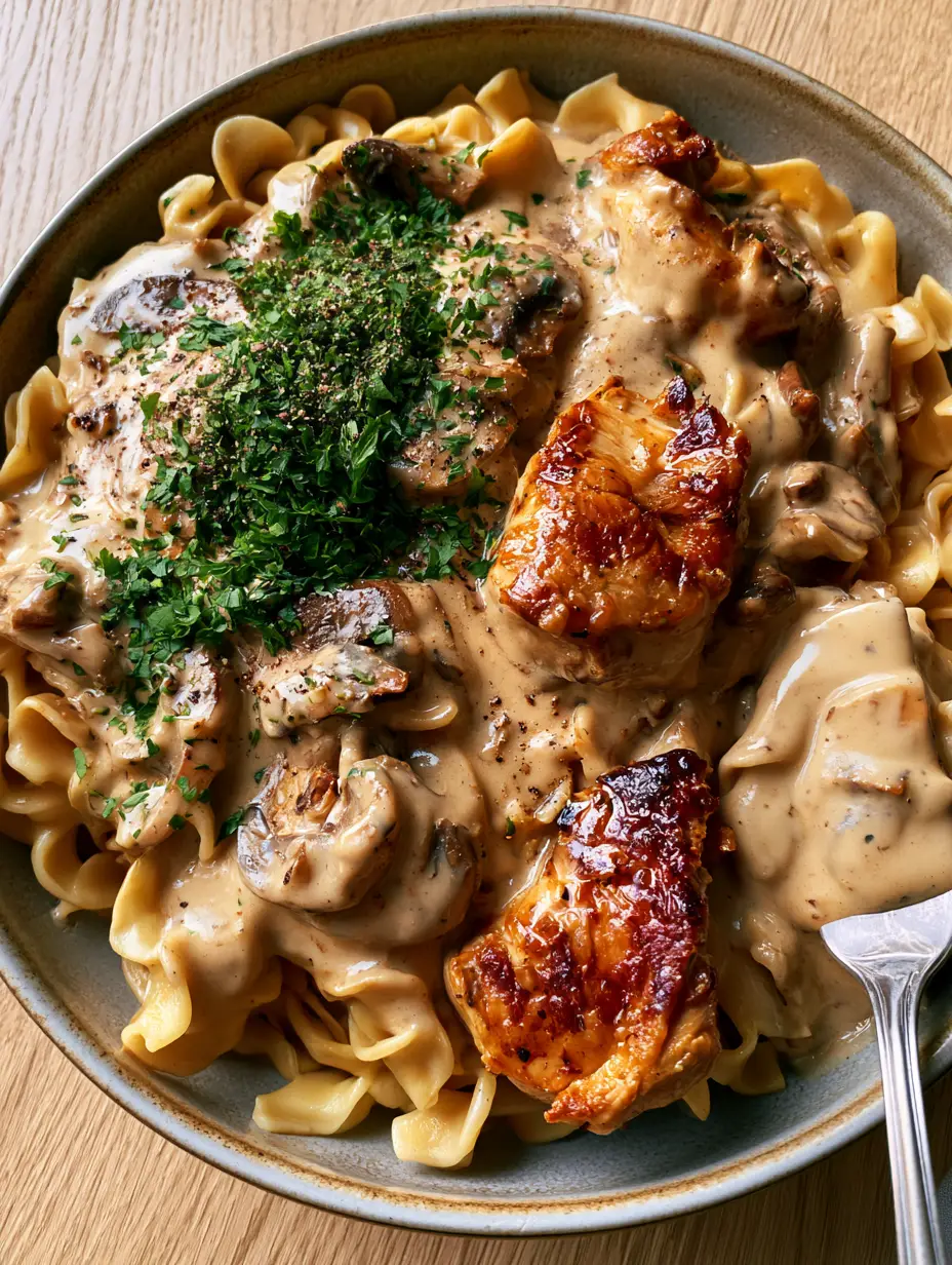 Chicken Stroganoff: The Ultimate Creamy 30-Minute Comfort Meal 4 Close up of Chicken Stroganoff showing seared golden-brown chicken chunks and earthy cremini mushrooms in a glossy beige sauce.